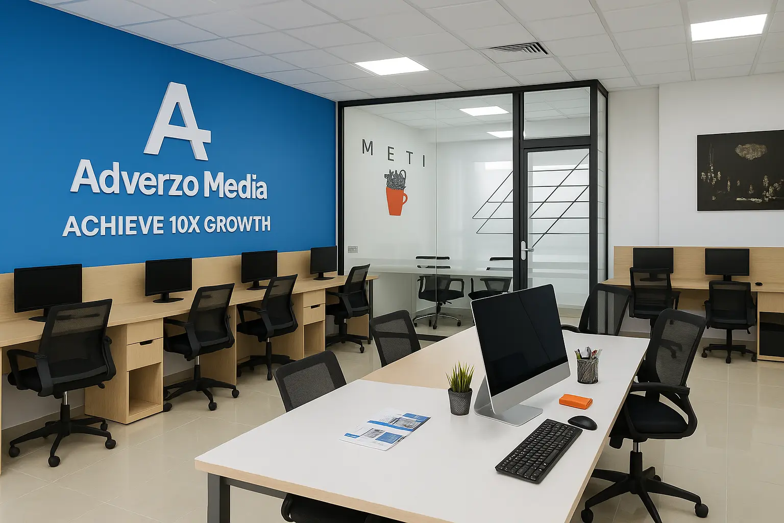 Adverzo Media modern office with branded blue wall featuring 'ACHIEVE 10X GROWTH' message and professional workstations for digital marketing team